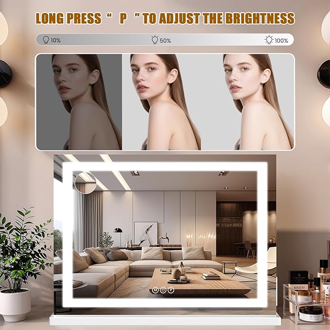 Vanity Mirror with Lights 28"x20", LED Makeup Mirror, 3 Color Lighting Modes, 10X Magnification, Smart Touch Control, Dimmable, Aluminum Metal Frame, Lighted Up for Vanity Desk (White)