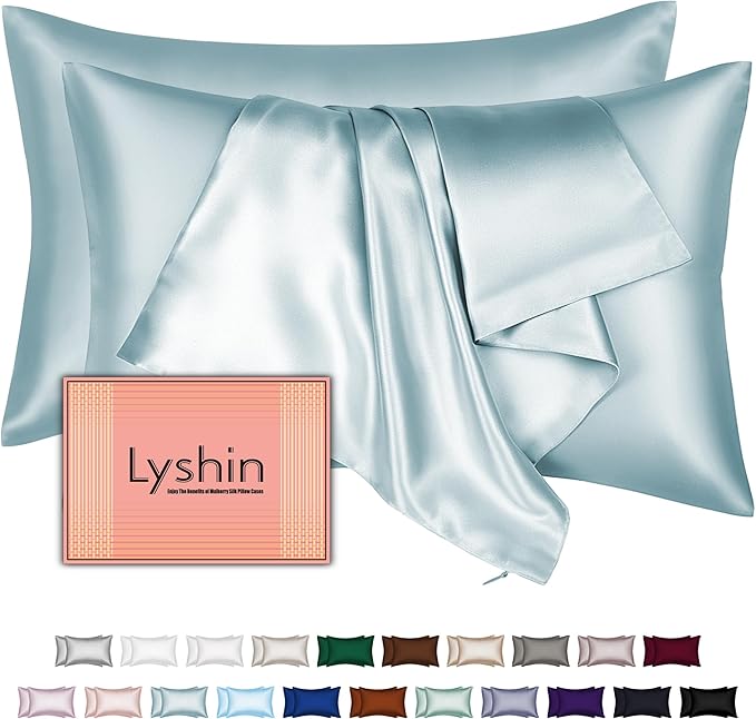 Silk Pillow Cases 2 Pack Queen Size with Hidden Zipper, Mulberry Silk Pillowcase for Hair and Skin, Smooth and Soft Breathable Cooling Silk Satin Pillowcase Set of 2, Gifts for Women，Haze Blue
