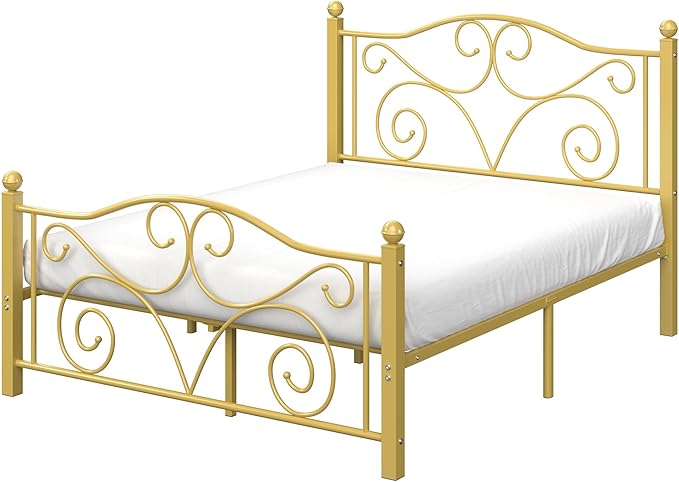 VECELO Queen Size Bed Frame with Headboard and Footboard, Heavy Duty Metal Slat Support, Platform Mattress Foundation, No Box Spring Needed, Easy Assembly, Gold