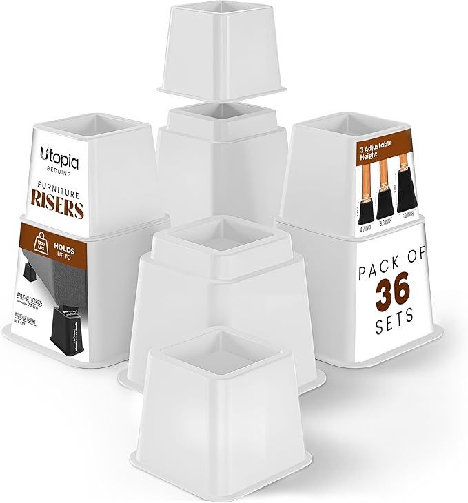 Utopia Bedding Bed Riser, 3 & 5 Inches Adjustable Furniture Risers for 8 Inch Combined Furniture Lift, Under Bed Storage & Dorm Room Essential, Supports Up to 1,300 lbs (36 Set, White)