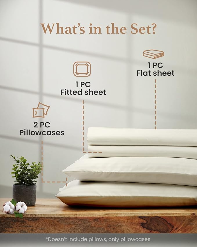 Good Sleep Bedding Egyptian Cotton Sheets Twin Size, 4 Pc Luxury Sheets Set, Long Staple 100% Cotton Sheet for Twin Size Bed, 16" Deep Pocket Hotel Style, Sateen Sheets Twin, Ivory