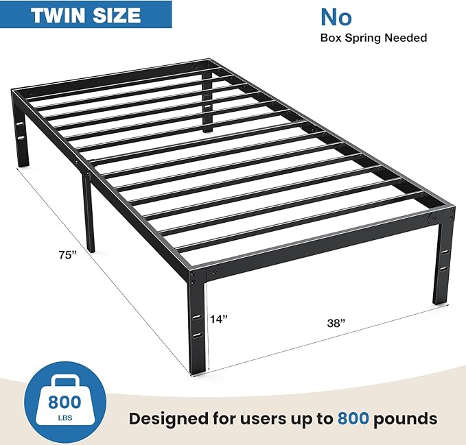 OLIXIS Metal Twin Bed Frame - 14in High with Storage Space, No Box Spring Needed with Sturdy Steel Slat Support, 800LBS Heavy Duty for Easy Assembly, Black for Bedroom