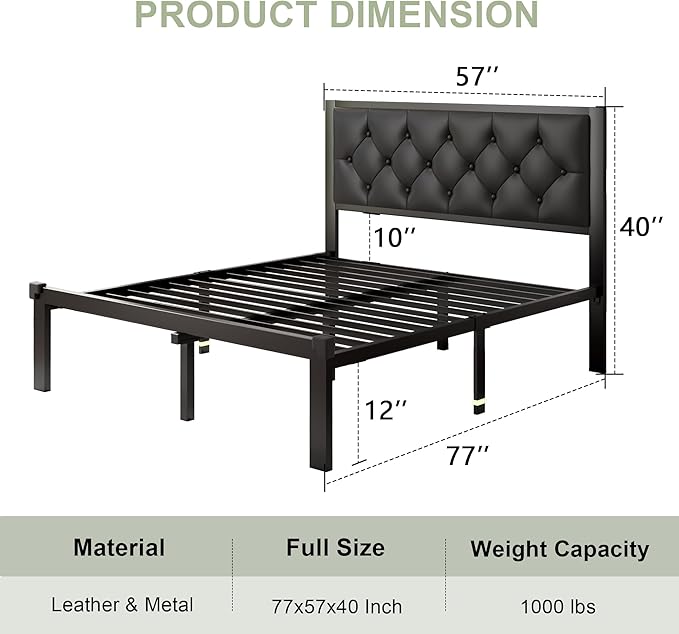 Feonase Full Size Metal Bed Frame with Faux Leather Button Tufted Headboard, Heavy-Duty Platform Bed Frame with 12" Storage, Steel Slats Support, No Box Spring Needed, Noise Free, Matte Black