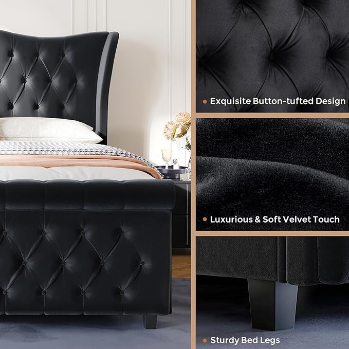 koorlian King Size Bed Frame,Velvet Upholstered Sleigh Bed with Scroll Wingback Headboard & Footboard,Luxury & Soft Button Tufted Modern Bed,Easy Assembly,No Box Spring Needed