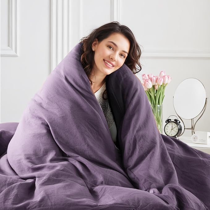 NEXHOME PRO Twin Duvet Cover Set, 100% Washed Cotton with Linen-Like Texture, Natural Organic, Breathable & Comfortable, Includes Home Bedding Set Dusty Purple (No Comforter) 6890