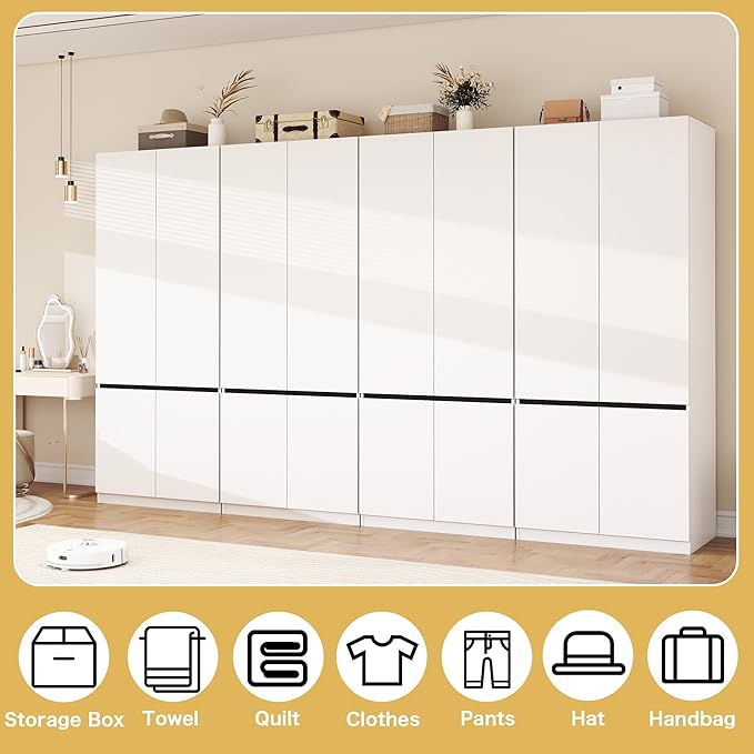 White Armoire Wardrobe Closet: 74" Wooden Wardrobe Closet with 8 Doors, Bedroom Armoires with Hanging Rod, Tall Closets Cabinet for Hanging Clothes (126")
