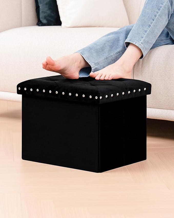 B FSOBEIIALEO Storage Ottoman Cube Folding Tufted Ottomans, Storage Boxes Footrest for Bedroom, Luxury Velvet Fabric 16.5 * 12.6 * 12.6 Inches Black