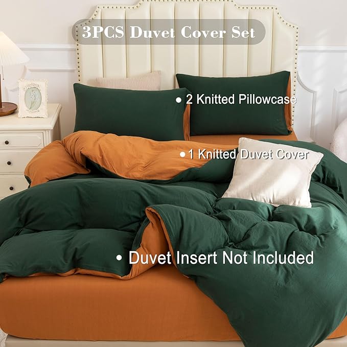 PURE ERA Jersey Knit Duvet Cover Set 100% T-Shirt Cotton Super Soft Comfy 3pc Bedding Set with Zipper Closure (Solid Forest Green/Burnt Orange, Queen)