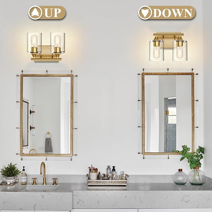 Gold Vanity Lights for Bathroom,2-Light Bathroom Light Fixtures,Brushed Brass Gold Wall Sconce Lighting,Modern Wall Lamp for Mirror Bedroom Vanity Table Hallway