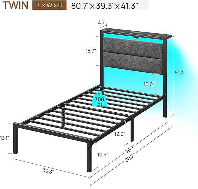 Rolanstar Bed Frame Twin Size with Charging Station, LED Twin Bed Frame with Upholstered Storage Headboard, Platform Bed with Metal Slats & Under Bed Storage, No Box Spring Needed, Noise Free, Grey