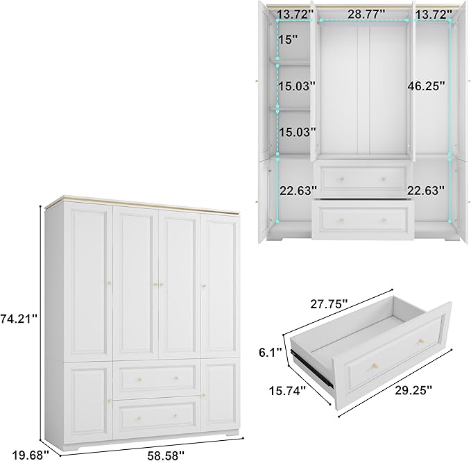 Bedroom Armoires Wardrobe Closet with 4 Doors, 74" White Wardrobe Cabinet with 2 Drawers, Wooden Wardrobes Closet for Hanging Clothes, Large Wardrobes Closets