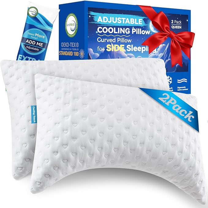 Side Sleeper Pillows for Neck & Shoulder Comfort - Ergonomic Curved Crescent Design, Adjustable Shredded Memory Foam, Cooling & Soft Cover, Extra Fill Included, Queen Size Pillows Set of 2