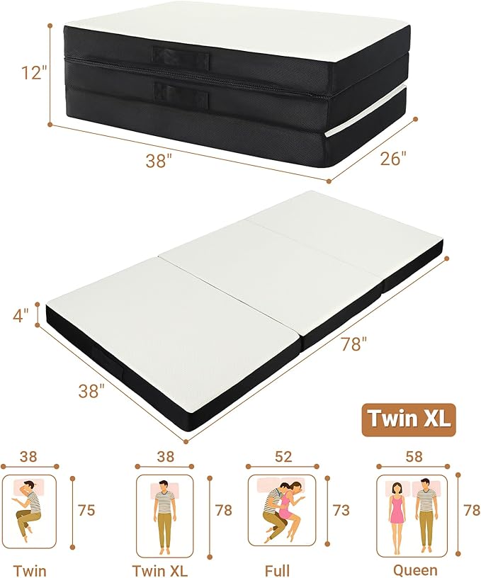 Foldable Mattress Twin XL, Memory Foam Tri Fold Mattress with Removable Washable Cover, 4 inch Folding Floor Mattresses Sleeping Pad for Guest, RV, Travel, Camping, White, 78"x38"x4"