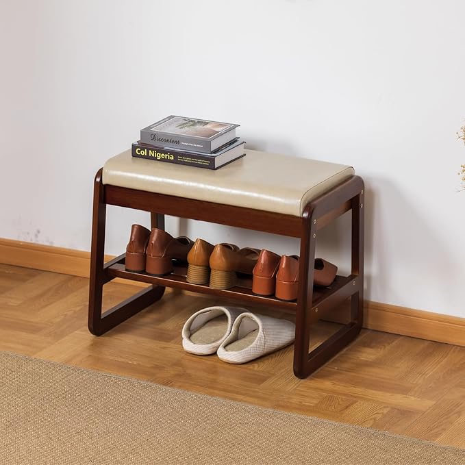 SOBIBO Shoe Bench with Storage - 2-Tier Entryway Bench, Solid Wood Shoe Rack with Cushion & Flip-Open Box, Mid-Century Modern for Hallway, Mudroom, Bedroom (Gray, 21.65'')