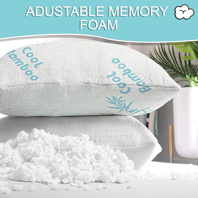 Cool Rayon of Bamboo Pillows 2 Pack King Size (20"x36") for Sleeping, Soft Shredded Adjustable Memory Foam Washable Zippered Breathable Cover, Relieves Neck Pain Asthma for Back/Stomach/Side Sleeper