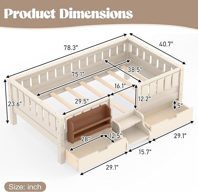 Bellemave Twin Size Kids Montessori Bed with Stairs and Bookshelf,Solid Wood Twin Size Kids Bed Frame with Drawers and Storage for Girls Boys,Low-Profile,Beige