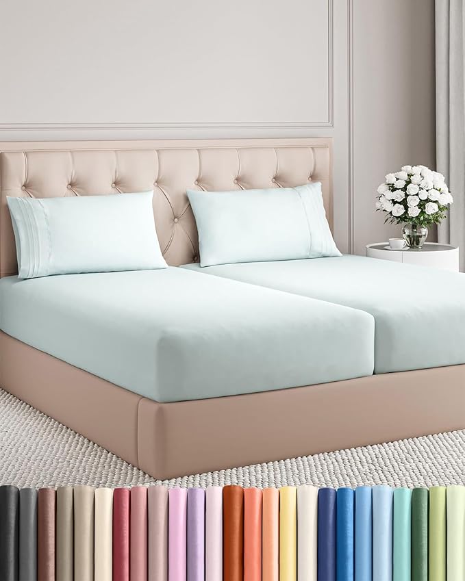 Split King Size 5 Piece Sheet Set - Comfy Breathable & Cooling Sheets - Hotel Luxury Bed Sheets for Women & Men - Deep Pockets, Easy-Fit, Soft & Wrinkle Free Sheets - Ice Blue Oeko-Tex Bed Sheet Set