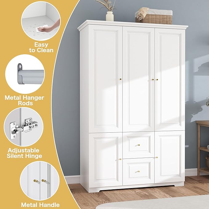 White Wardrobe with 2 Drawers: 74" Large Wardrobe Closet for Hanging Clothes, Tall Armoire Closet with 3 Doors, Bedroom Armoires with Hanging Rod (47")