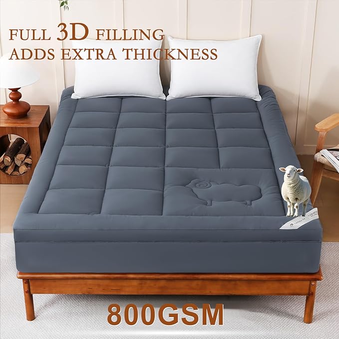 YOUR MOON 100% Wool Mattress Topper Queen Size, 800GSM Natural Wool Filling, Thick Pillow Top Mattress Pad, Back Pain Relief Bed Topper with Cotton Cover, 16" Deep Pocket, 39"x80" (Gray)
