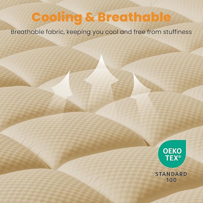 MATBEBY California King Quilted Fitted Mattress Pad - Breathable, Fluffy, Cooling, Deep Pocket, Machine Washable, Beige