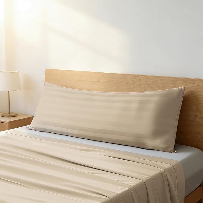 Body Pillow Cover Long Pillow Case,100% Egyptian Cotton Bed Pillow Protector with Zipper,400 Thread Count Cooling Full Body Pillowcase for Adults 20x54 Inches (1 Pack,Stripe Beige)