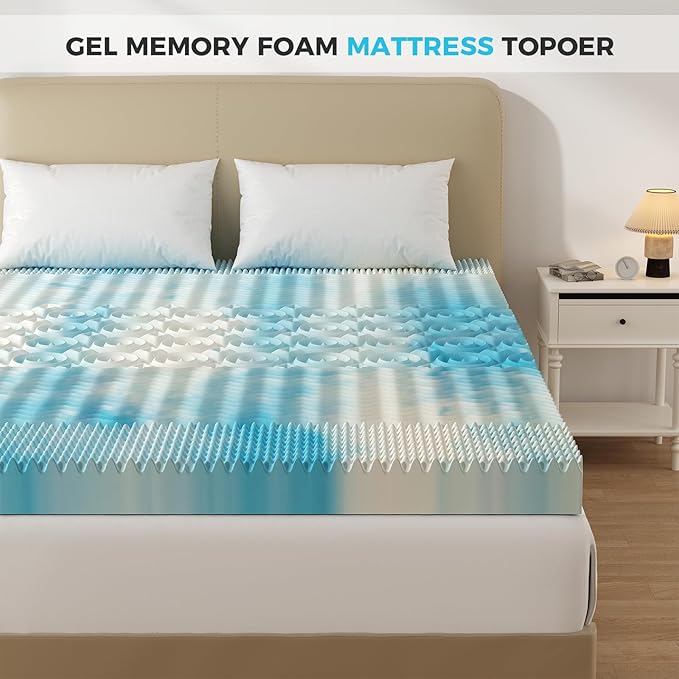 DUMOS 4 Inch Memory Foam Mattress Topper King, 5-Zone Cooling Gel Infused Pressure Relief Mattress Pad for Back & Hip Pain, Soft Dorm RV Camping Bed Topper, CertiPUR-US Certified, Blue