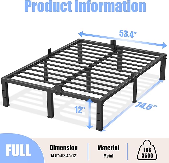 Yitong Angel Full Size Bed Frame 12 inch High 3500 lbs Heavy Duty Metal Platform Mattress Foundation with Steel Slat Support/No Box Spring Needed/Noise Free/Non-Slip/Easy Assembly