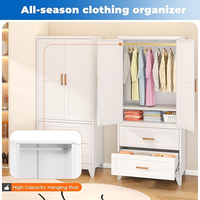 INTERGREAT 71” H Metal Wardrobe Cabinets with 2 Doors, Large Clothing Storage Cabinets with Hanging Rod and Adjustable Shelves, Closet for Home Living (White)