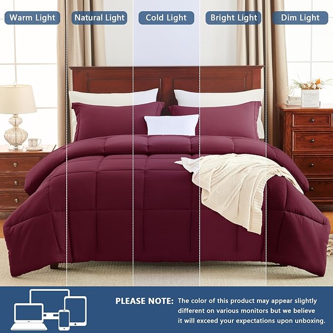 CozyLux King Size Comforter Set - 270GSM Burgundy Bedding Sets for All Seasons Size, 3 Pieces Box Stitched Bed Set with 1 Down Alternative Comforter and 2 Pillow Shams, Soft, Lightweight, Durable