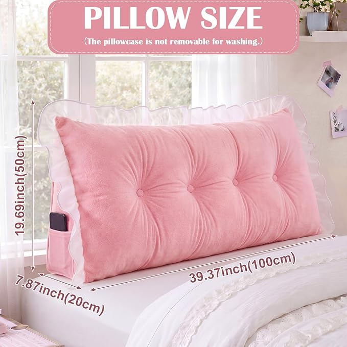 Leinuosen 39 in Ruffle Wedge Headboard Pillow for Dorm Twin XL College Bed Reading Bolster Dorm Velvet Triangular Bed Backrest Wedge Pillow Cushion for College Reading Support(Pink)