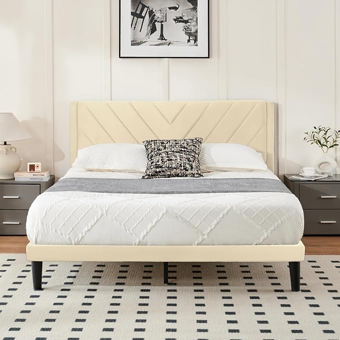 Queen Bed Frame with Headboard, Bed Frame Queen Size with Sturdy Wooden Slats Support, Platform Bed Frame with Velvet Upholstered Headboard, Mattress Foundation, Easy Assembly, No Box Spring Needed
