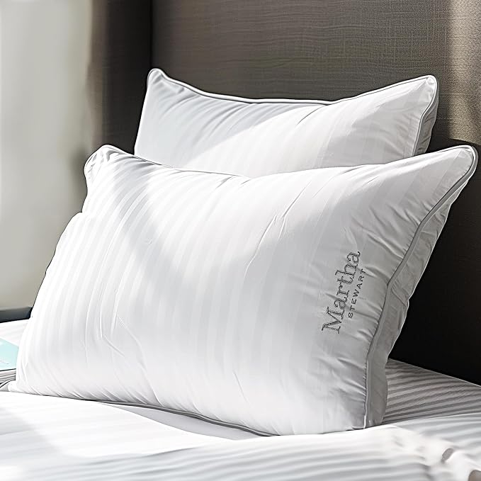 Martha Stewart Hotel Collection Pillow 500 Thread Count Damask Stripe Embroidered Feathers Soft Hypoallergenic 100% Cotton King Size Set of 2