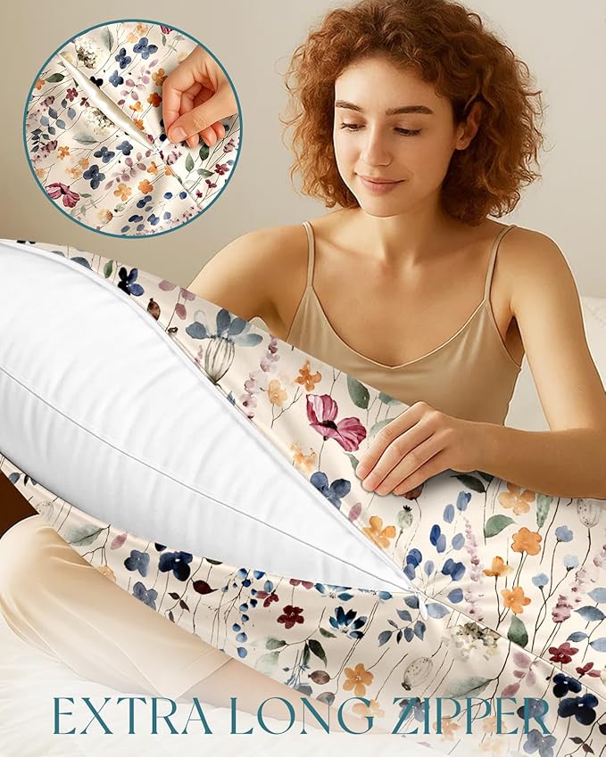Miss Adola Silk Body Pillow Cover with Zipper - 20x54 Inch Silk Long Pillow Case for Women Ladies Adults Soft Bed Decorative Cute Boho Large Body Pillowcase Sham for Hair and Skin, Watercolor Flower