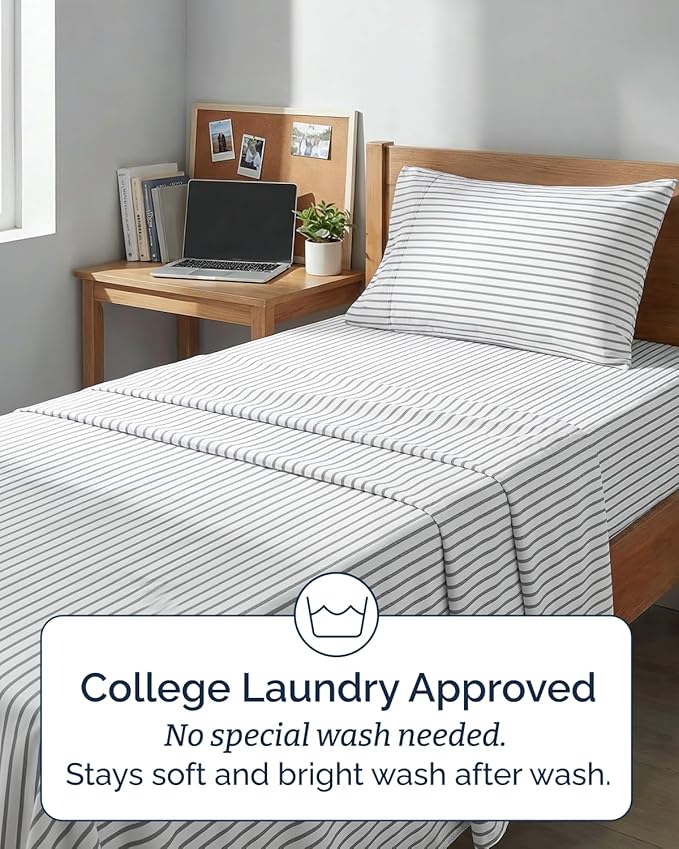 Twin XL 4 Piece Sheet Set - Comfy, Breathable & Cooling - Soft Hotel Luxury Bedding for Women, Men, Kids, Teens & Children - 1 Flat & 1 Fitted Sheet & 2 Pillowcases w/ Deep Pockets - Grey Stripes 2