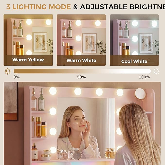 LUCKRACER Vanity Desk with LED Lights Mirror & Charging Station, Makeup Vanity with Storage Drawers and Shelves, Modern Dressing Table for Women Girls Bedroom, Pink