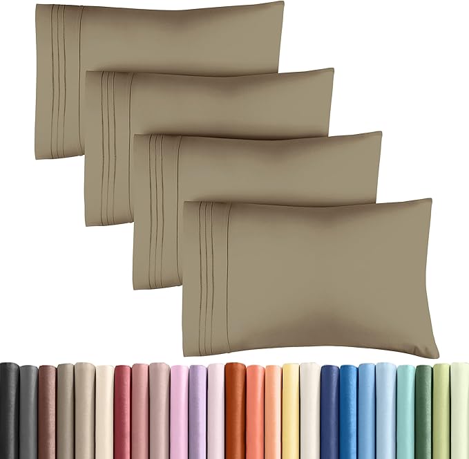 King Pillow Cases Set of 4 - Ultra Soft Hotel Quality Pillowcase Covers - Comfy, Cozy & Wrinkle Free - Shrinkage, Stain and Fade Resistant - Machine Washable Pillow Protectors - 4 Piece Set - Khaki