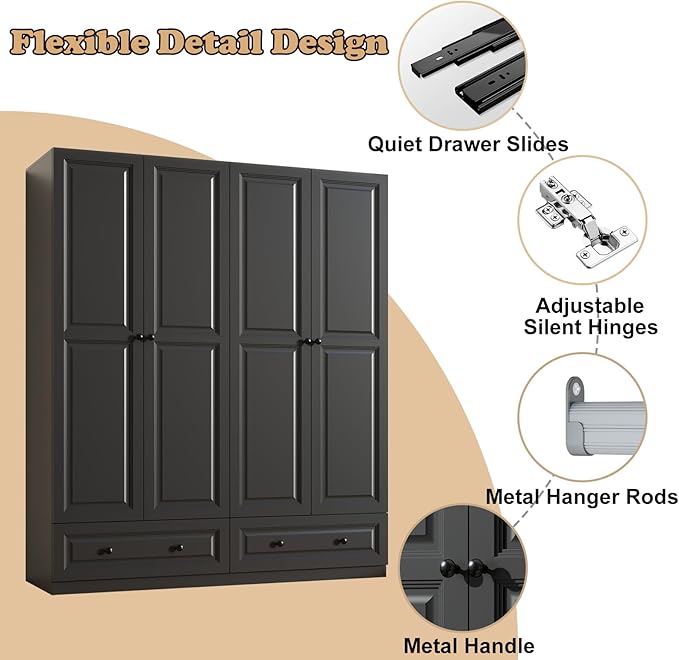 Armoire Wardrobe Closet with Drawers: 74" Black Tall Wooden Wardrobe Closet for Hanging Clothes, Large Bedroom Armoires with 2 Drawers, 4 Door Armoire Storage Cabinet (Black, 63")