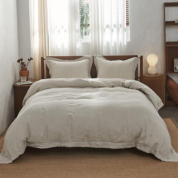 Simple&Opulence 100% French Flax Linen Duvet Cover Set with Embroidery Washed - 3 Pieces (1 Duvet Cover with 2 Pillow Shams) with Button Closure Soft Breathable Farmhouse - Linen, King Size