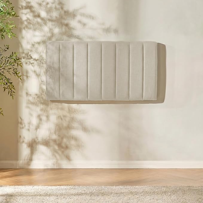Hearth & Harbor Upholstered Twin Headboard - Easy Assemble Channel Stitched Headboard Twin Size - Wall Mounted Headboards with 3D Soundproof Wall Panels Peel & Stick Floating Headboards, Linen
