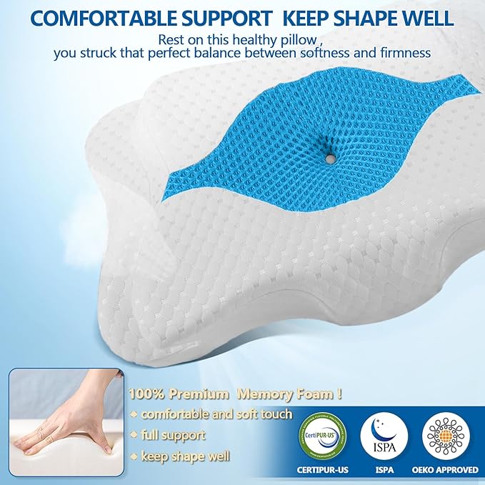 CHxxy Memory Foam Pillows, Cervical Pillow for Neck and Shoulder Pain Relief, Ergonomic Contour Bed Pillow, Soft for Side Sleep Stomach Sleeping and Back Sleeper-Queen Size&Blue