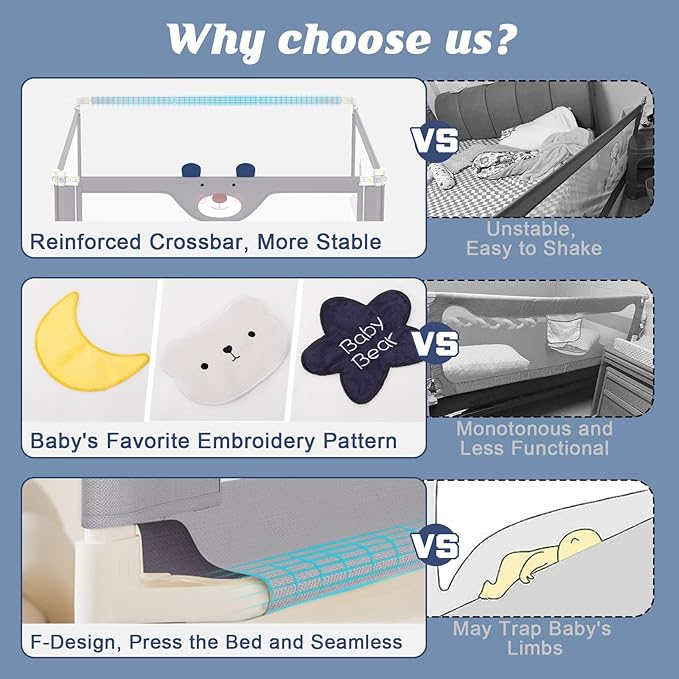 JWPEHOE 3-Piece Bed Rail for Toddlers with Headboard Rod, Adjustable Baby Bed Rail Guard, Twin/Full/Queen/King Size Bed (1, 78.7 Inch)