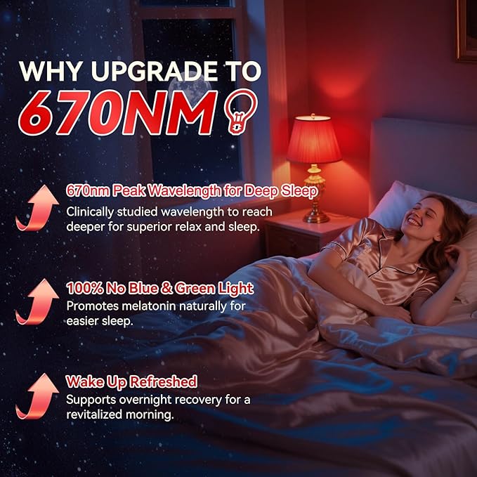 Neporal 670nm Red Light Bulb for Sleep, 100% Blue Light Blocking Bulb for Melatonin Promote, A19 7W LED 50W Red Light Bulb for Lamp, Sleep, Read, Baby Nursery, 1Pack (White When Off, Red When on)