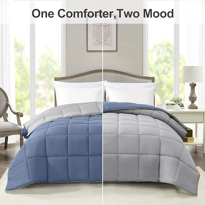 Homelike Moment Comforter King Size - Blue Duvet Insert Down Alternative Bed King Comforter, Lightweight Bedding Comforters Quilted Soft All Season Reversible Blue/Grey