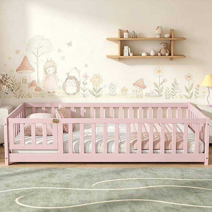 Bellemave Montessori Twin Floor Bed Frame with Fence and Removable Door, Low Profile Twin Size Montessori Bed Frame for Kids, Solid Wooden Floor Beds with Slats for Bedroom,Nursery, Pink
