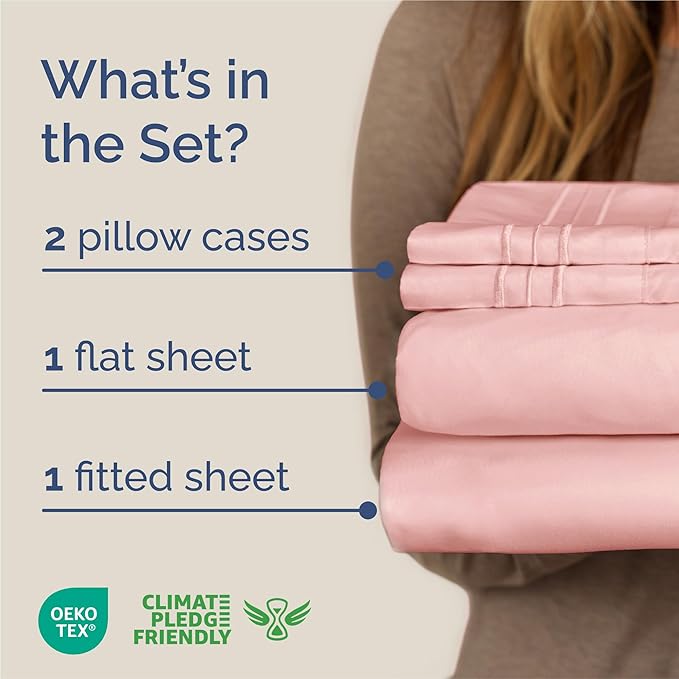 King Size 4 Piece Sheet Set - Comfy Breathable & Cooling Sheets - Hotel Luxury Bed Sheets for Women & Men - Deep Pockets, Easy-Fit, Extra Soft & Wrinkle Free Sheets - Baby Pink Oeko-Tex Bed Sheet Set