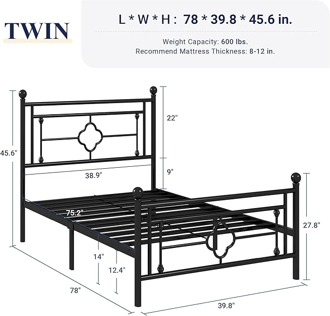 Allewie Twin Size Metal Platform Bed Frame with Victorian Vintage Headboard and Footboard/Mattress Foundation/Under Bed Storage/No Box Spring Needed/Noise-Free/Easy Assembly, Black