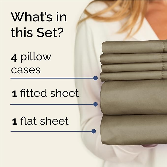 Full 6 Piece Sheet Set - Comfy, Breathable & Cooling - Soft Hotel Luxury Bedding for Women, Men, Kids, Teens & Children - 1 Flat & 1 Fitted Sheet & 4 Pillowcases w/ Deep Pockets - Wrinkle Free - Khaki