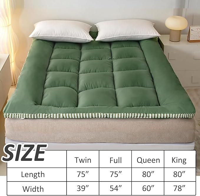 Thick Mattress Topper Twin Size - Non-Slip Mattress Pad Cover for Back Pain Breathable Folding Sleeping Pad Machine Washable Mattress Protector (39x75 inch,Green)