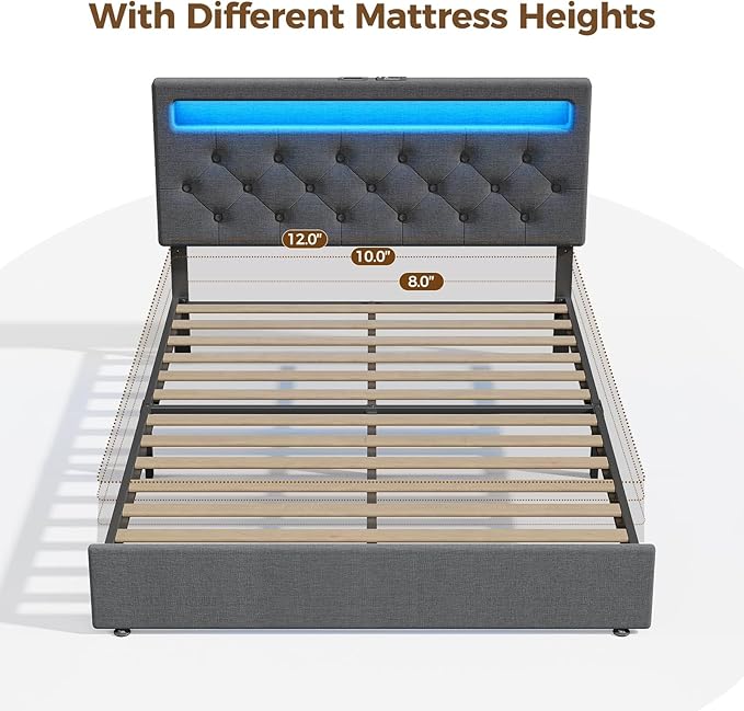 Rolanstar Full Size Bed Frame with Charging Station, LED Bed with Under Bed Storage, Adjustable Headboard 38.9/40.8 Inches, No Box Spring Needed, Noise Free, Easy Assembly, Grey