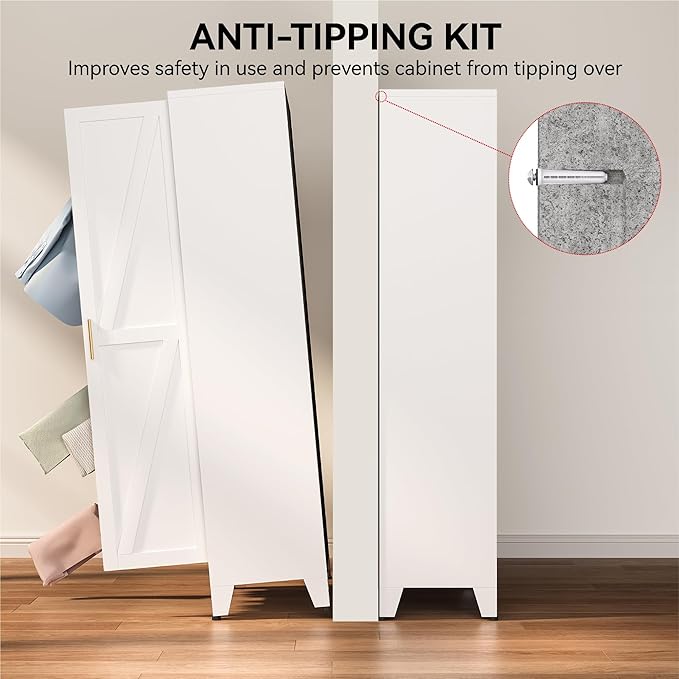 COFaR 71" Metal Wardrobe Closet with Adjustable Shelves & Hanging Rod, Freestanding Armoire with Top Storage & Two-Section Design, White Steel Storage Cabinet for Bedroom
